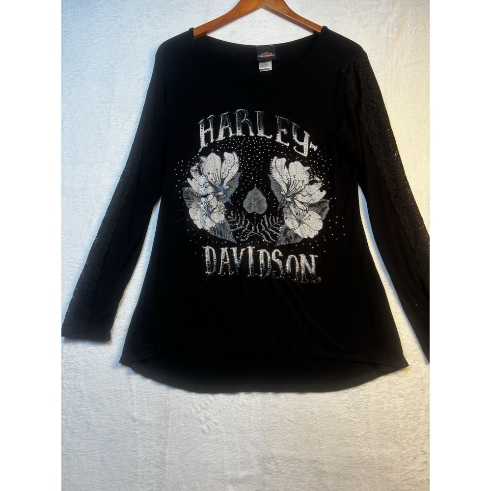 Harley Davidson Women's Medium Shirt Black Bling Long Lace‎ Sleeves Thrashed
